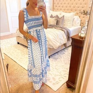 Blue and white smocked maxi dress with tie straps